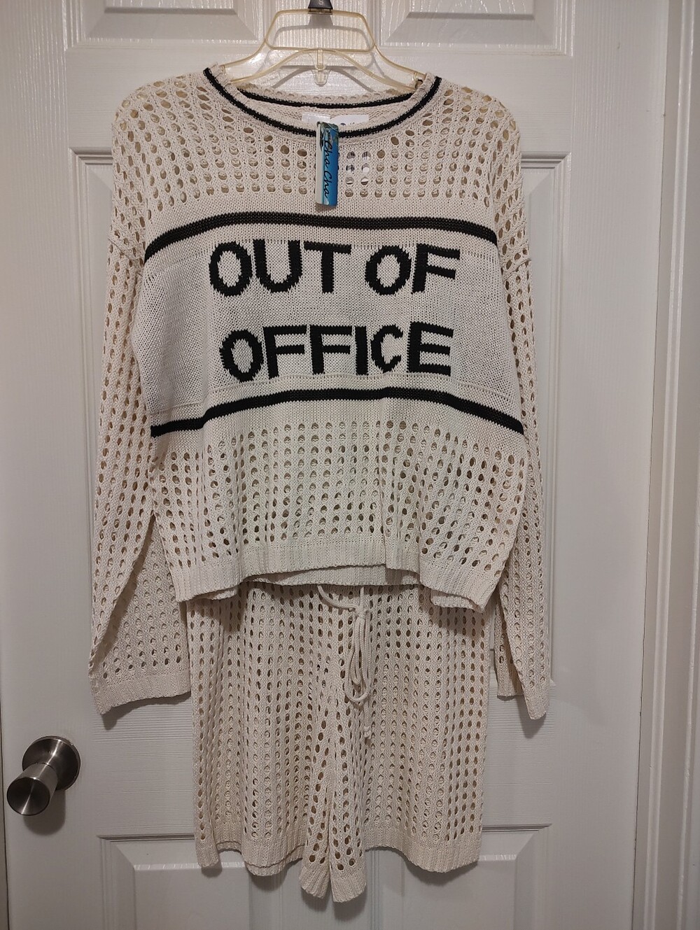 Out of Office Open-Knit Sweater Set - Cream with Black Trim
